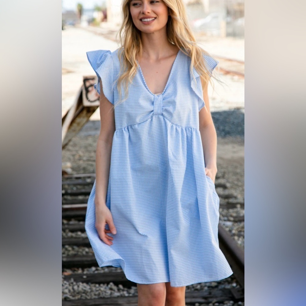 Haptics by Holly Harper Blue & White Gingham Short Sleeve Flutter Pocketed Dress